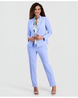 Kasper Stretch Crepe One Button Panel Seamed Jacket Tie Neck Floral Sleeveless Top Ava Straight Leg Pant - Blue