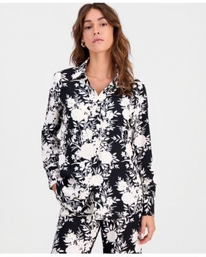 BarIII Floral-print Button-front Shirt - White