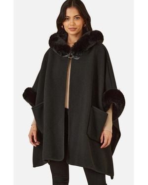 Yumi' Hooded Fur Cape Jacket - Black