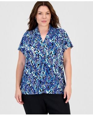 Kasper Plus Size Gathered V-neck Short-sleeve Blouse - Blue
