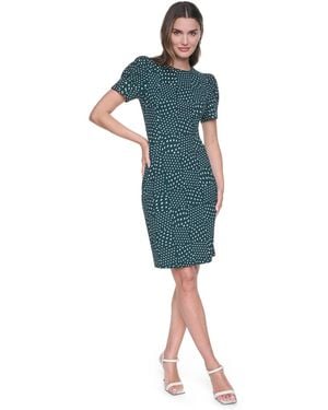 DKNY Puff-sleeve Polka-dot Knee-length Dress - Blue