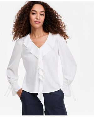 Tahari V-neck Long-sleeve Ruffle Blouse - White