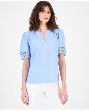 Anne Klein Split-neck Lace-trim Top - Blue