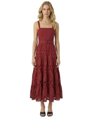 Modenaire Belted Tiered Lace Midi Dress