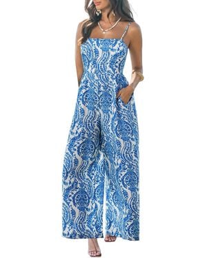 CUPSHE Printed Square Neck Wide-leg Jumpsuit - Blue