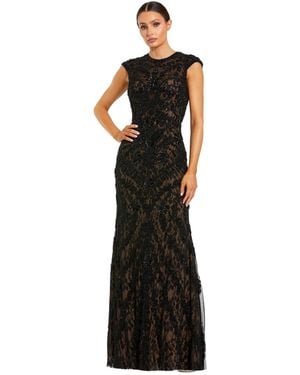 Mac Duggal Beaded Lace Mesh High-neck Sleeveless Column Gown - Black