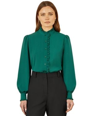 Yumi' Frill High Neck Shirt - Green