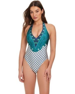 Red Carter V-neck Printed V-neck One-piece Swimsuit - Blue