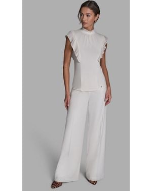 BCBGMAXAZRIA Pleated Mock Neck Flutter Sleeve Top - Gray