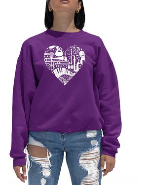 LA Pop Art Musical Instrument Heart Word Art Crewneck Sweatshirt - Purple