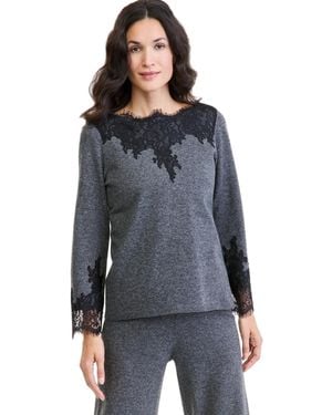 Anne Klein Petite Lace Trim Boat Neck Long-sleeve Pullover Sweater - Gray