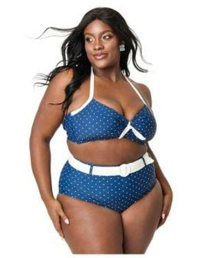 Unique Vintage Plus Size Bow Halter Swim Top High Waisted Belted Redondo Swim Bottoms - Blue