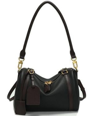 Susu Elara Pebbled Leather Satchel Boston Dome Bag Top Handle Shoulder Crossbody Handbag - Black