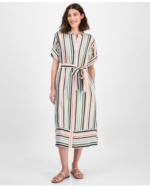 Nautica Striped Belted Midi Dress - White