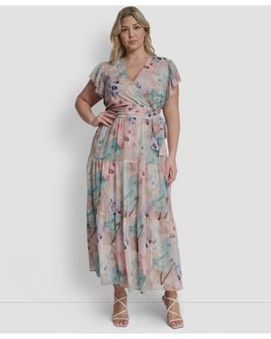 DKNY Plus Size Ruffle Short-sleeve V-neck Tie Waist Maxi Dress - Multicolor