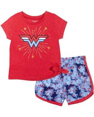 Justice League Toddler Girls Dc Comics Wonder Woman T-shirt And Active Retro Dolphin Shorts Outfit Set - Red