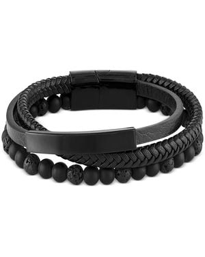 Macy's Onyx & Lava Bead Triple Row Braided Leather Bracelet - Black