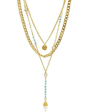 Adornia 17-19" Adjustable 14k Plated Turquoise Beaded Layered Freshwater Pearl Necklace - Metallic