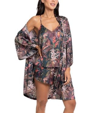MIDNIGHT BAKERY Brighton Floral 3/4-sleeve Satin Wrapper - Blue