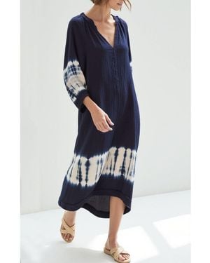 ocean + main Ocean+main Ocean+main Tie Dye V-neck Cotton Gauze 3/4 Sleeve Dress - Blue