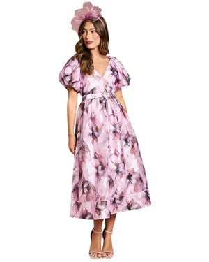 Coast Short Puff Sleeve Belted Midi Dress - Pink