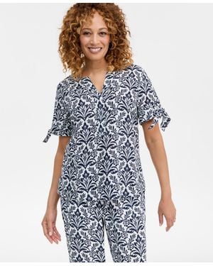 Charter Club 100% Linen Tile Tie-cuff Split-neck Top - Blue