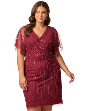 Adrianna Papell Plus Size Sequin Beaded Flutter-sleeve Dress - Red