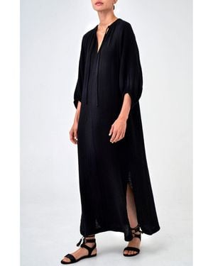 ocean + main Ocean+main Ocean+main Avery Long Tie Neck Dress Gauze Caftan - Black