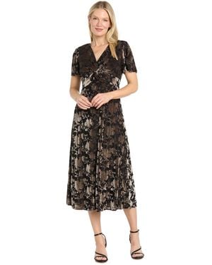 R & M Richards Velvet Floral V-neck Midi Dress - Black