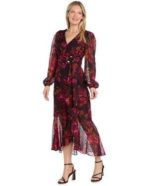 R & M Richards Clip Chiffon Long-sleeve Dress - Red