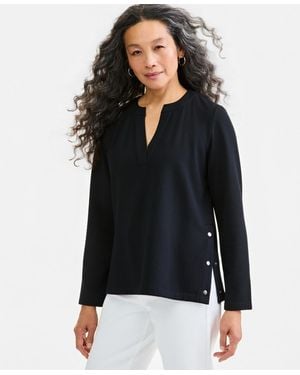 Style & Co. Luxlounge Fleece Split Crewneck Top - Black