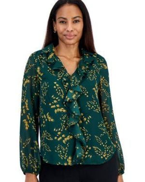 Kasper Ruffle V Neck Long Sleeve Blouse - Green