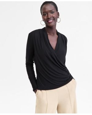 INC International Concepts Printed Mesh Surplice-neck Top - Black