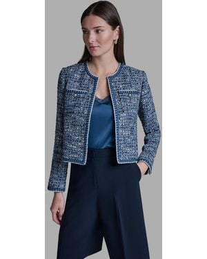 BCBGMAXAZRIA Shoulder Padding Open Front Tweed Jacket - Blue