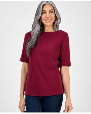 Style & Co. Boat-neck Elbow Sleeve Cotton Top - Red