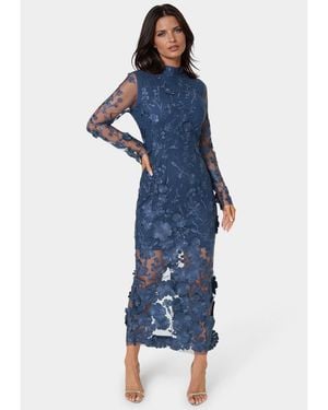 Bebe 3d Floral Mock Neck Midi Dress - Blue