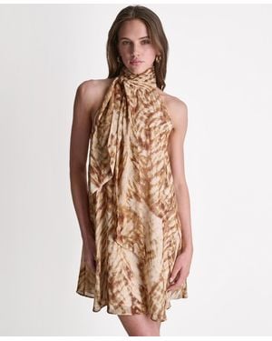 BCBGMAXAZRIA High Halter Neck Scarf Detail Dress - Brown
