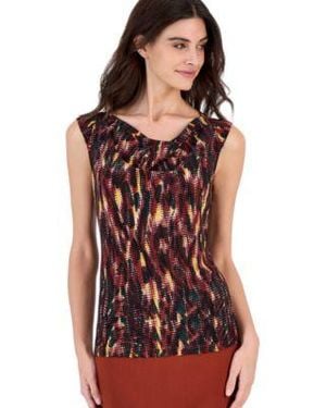 Kasper Allover Print Cap Sleeve Cowl Neck Blouse - Red