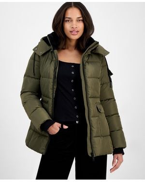 Steve Madden Faux-fur-trim Hooded Utility-pocket Puffer Coat - Green