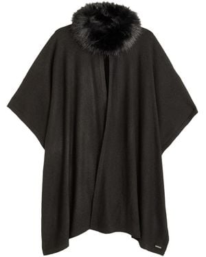 Ralph Lauren Fur Collar Knit Ruana Wrap - Black