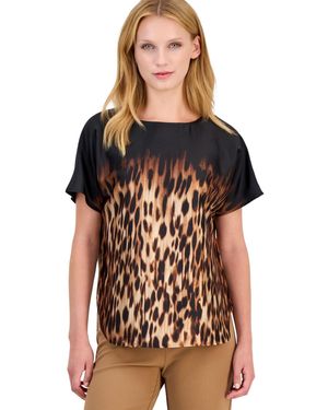 Anne Klein Petite Leopard-print Bateau Neck Short-sleeve Blouse - Black