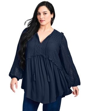 Avenue Plus Size Haven Lace Yoke Top - Blue