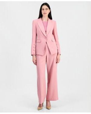 Tahari One Button Peak Lapel Blazer Short Sleeve Sweater T Shirt Mid Rise Wide Leg Pants - Pink