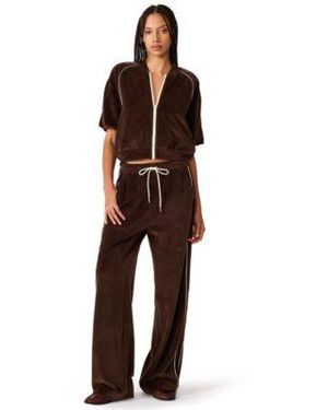 Steve Madden Velour Long Sleeve Zip Track Jacket Wide Leg Drawstring Track Pants - Brown