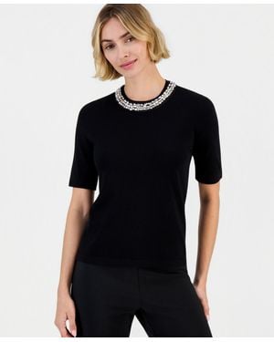 Anne Klein Rhinestone-embellished Short-sleeve Sweater - Black