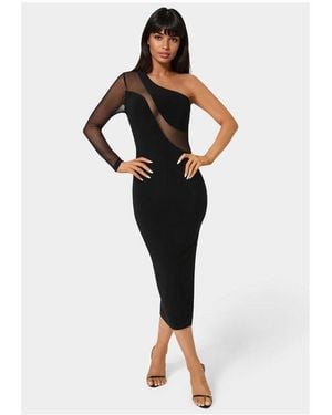 Bebe One Shoulder Mesh Insert Midi Dress - White