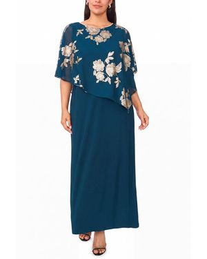 Msk Plus Size Metallic Floral-print Crewneck Short-sleeve Maxi Dress - Blue