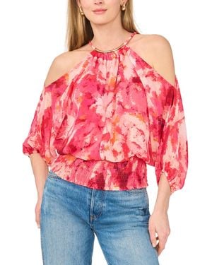 SAM & JESS Cold-shoulder Smocked-waist Blouse - Red