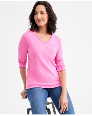 Style & Co. Cotton 3/4-sleeve V-neck Tee - Pink