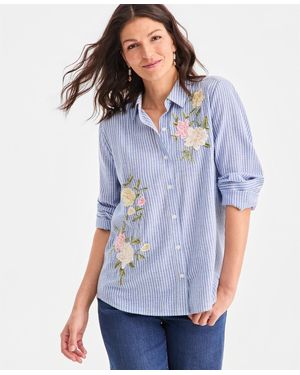 Style & Co. Embroidered Stripe Perfect Shirt - Blue